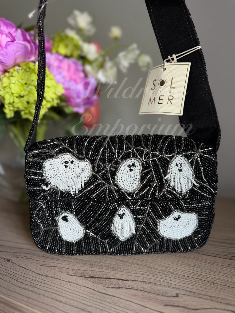 Viral Black Beaded Ghost Motif Halloween spider web Shoulder Bag sol & mer